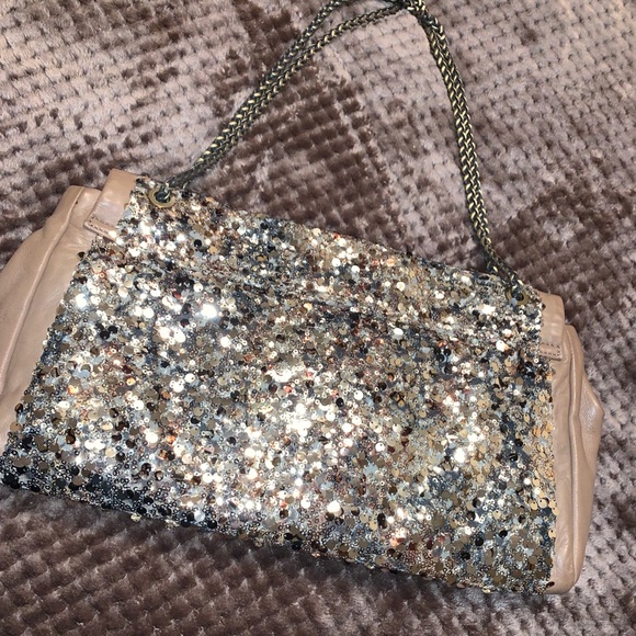 Elie Tahari dark gold sequin taupe leather bag - Picture 4 of 7